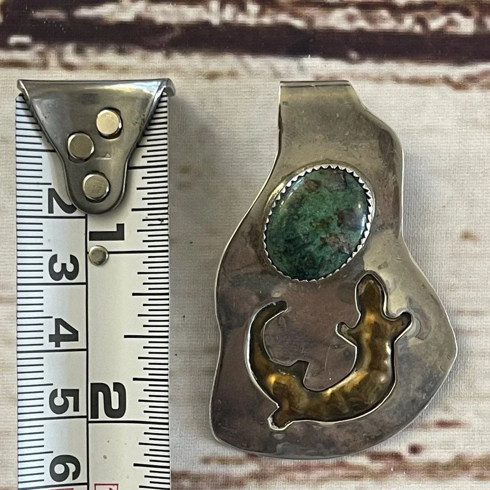 Native American Handmade‎ Sterling Silver Brass Turquoise Salamander Money Clip